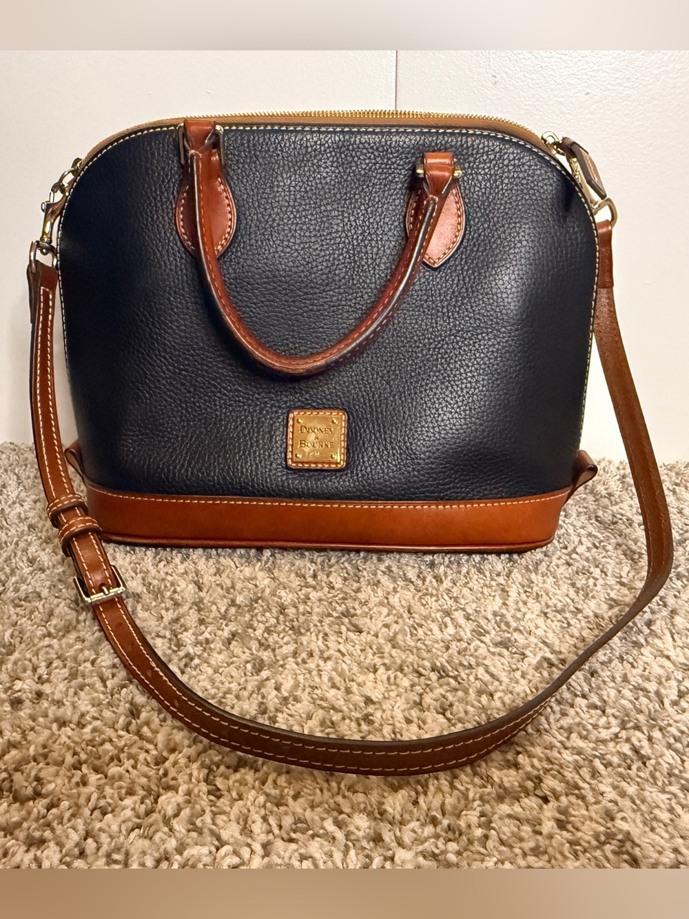 Dooney & Bourke Black and Brown Classic Pebble Leather Satchel with Strap